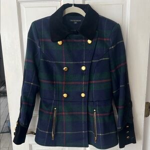 Boston Proper Women's Tartan Pea Coat - Navy and Green